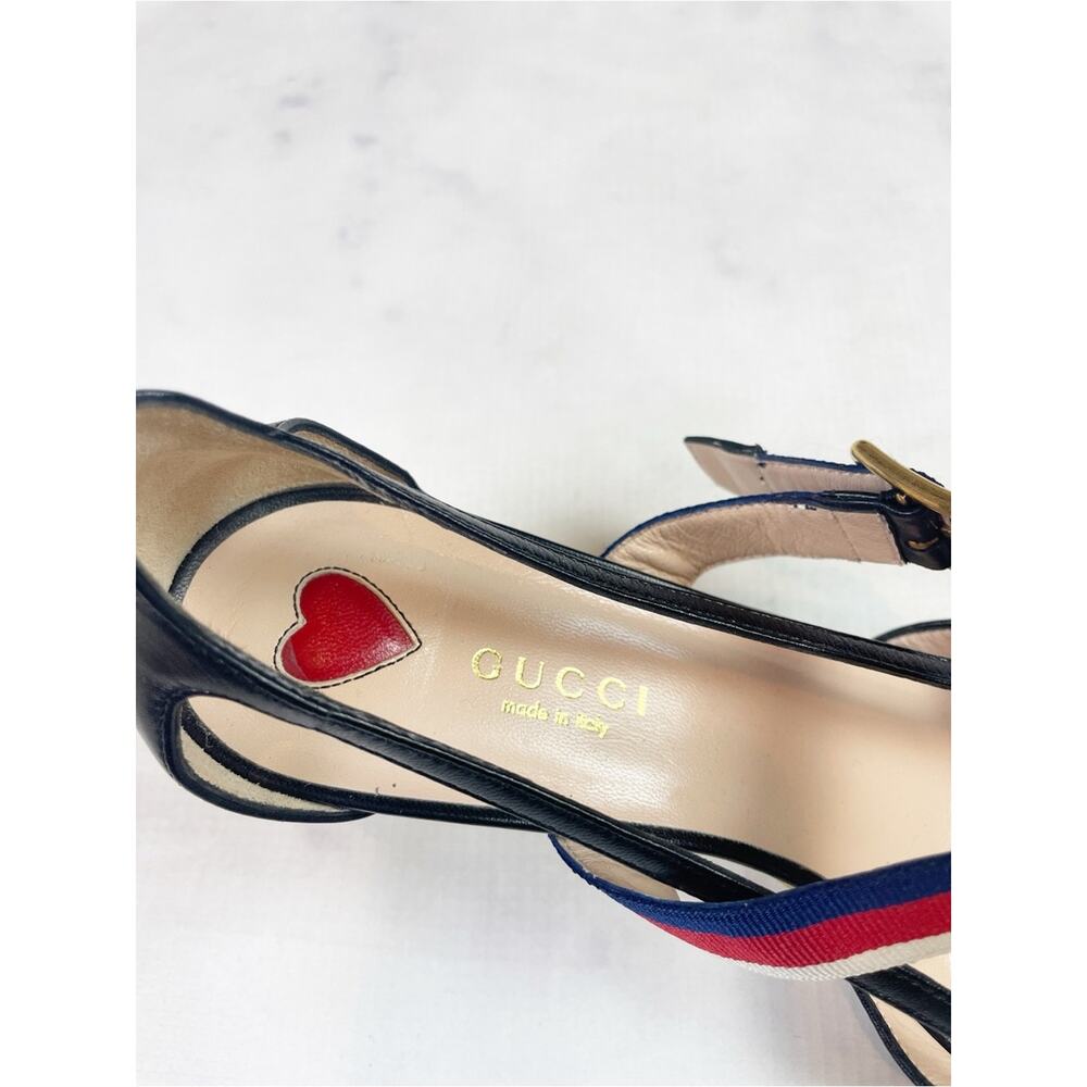 Gucci Unia Sylvie Web Strap Pumps Black Bamboo Kitten Heel 37.5 / 7.5 - Picture 10 of 11